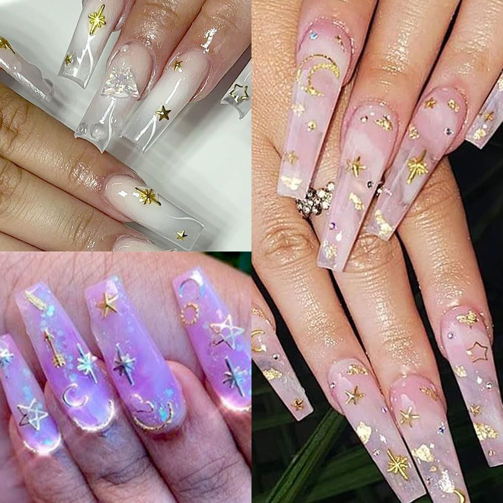120 piezas de dijes de uñas de estrella dorada y plateada, uñas Y2K de estrella, dijes de uñas de estrella de metal, tamaños mixtos, tornillos para uñas, diseño de uñas de estrella, arte de uñas, dijes de estrellas 3D, decoración de uñas, dijes de uñas, accesorios para uñas
