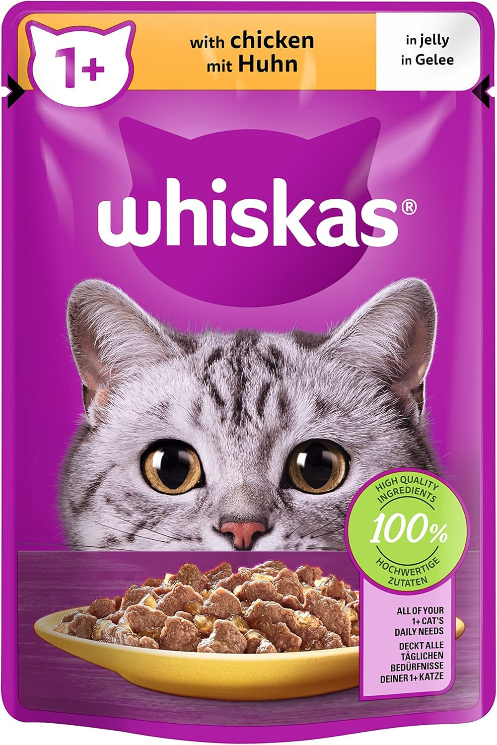 Whiskas 1+ comida húmeda para gatos con pollo en gelatina, 28x85g (1 paquete) - Comida húmeda de alta calidad para gatos adultos en sobres de 28 porciones