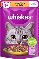 Whiskas 1+ comida húmeda para gatos con pollo en gelatina, 28x85g (1 paquete) - Comida húmeda de alta calidad para gatos adultos en sobres de 28 porciones