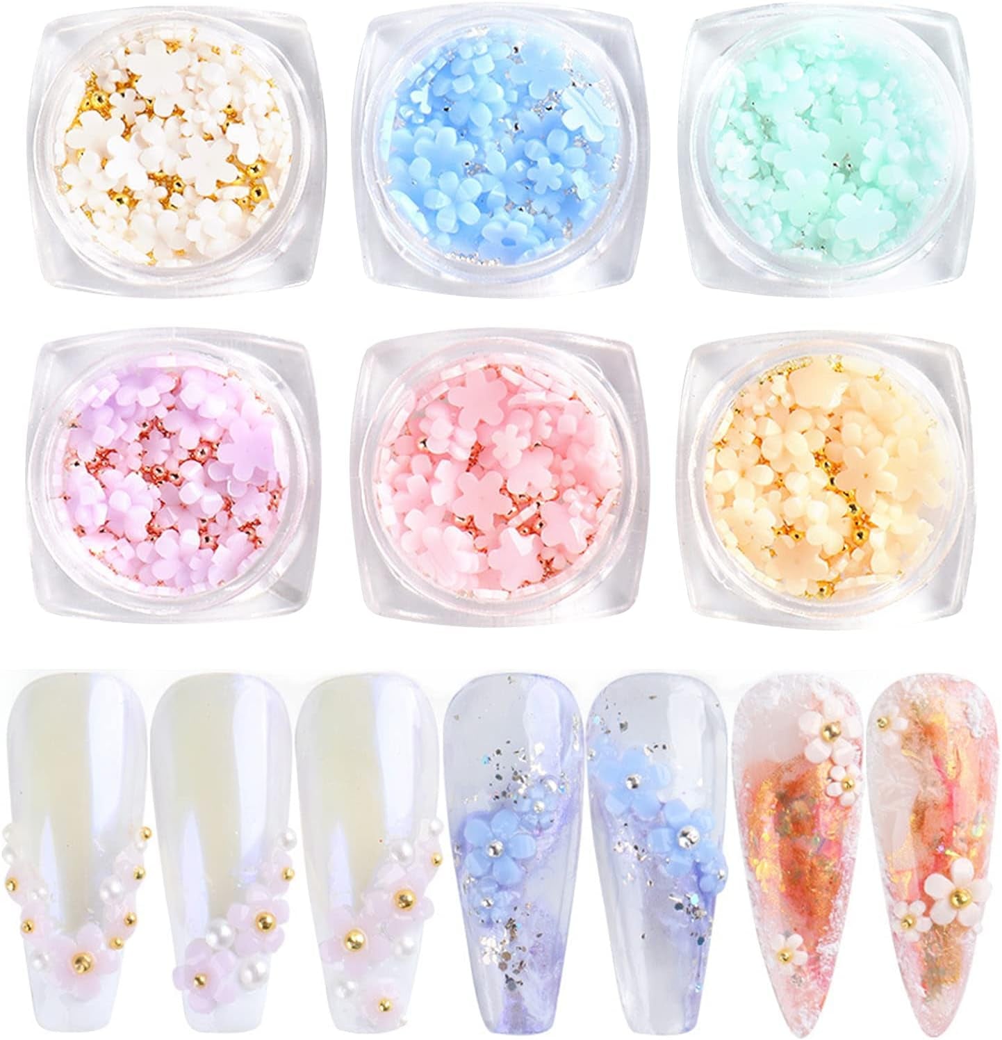 6 Caja 3D Flor Nagelkunst Charms, Acryl Flower Nagel Strass Mit Gold Und Silberperlen Ornamenten, Nagel Edelsteine, Nagel Zubehör Für Mädchen, Frauen, DIY Nageldesign, Basteldekoration...