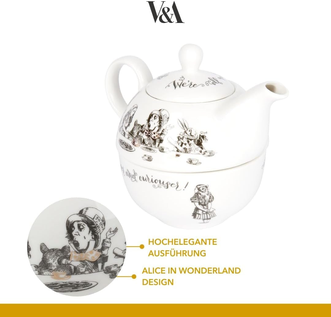 Juego de tetera y tazas Alicia en el País de las Maravillas para 1 persona en caja de regalo, servicio de té de porcelana fina, blanco, 250 ml