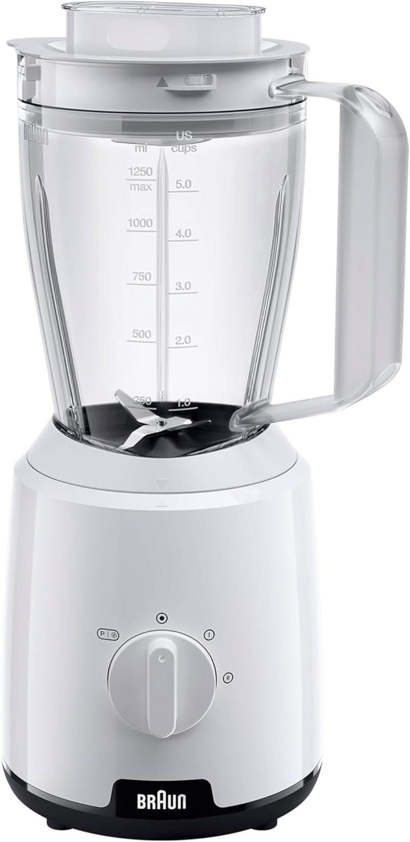 Braun Powerblend 1 JB1050WH - Batidora de pie con 1,5 L de mezcla de vidrio, Küchenhelfer Zum Zerkleinern, Pürieren & Mixen, función Ice-Crush, 2 Geschwindigkeiten, 600 Watt, Weiß Bucatarie Naty Shop Weiß Standard-Mixaufsatz