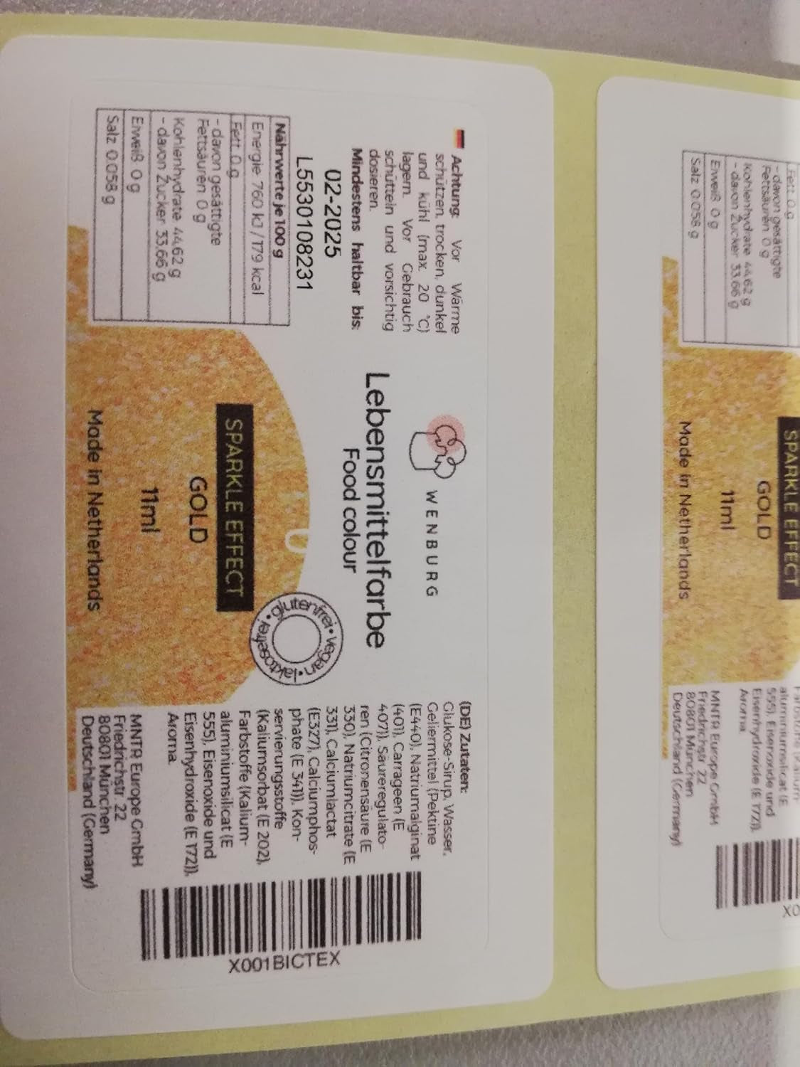 Colorante alimentario Wenburg, purpurina, 11 ml, concentrado, fabricado en la UE, líquido. Para colorear masa, bebidas, sabores, limo - Colorante alimentario con purpurina dorada - Colorante para pasteles dorado - Purpurina dorada