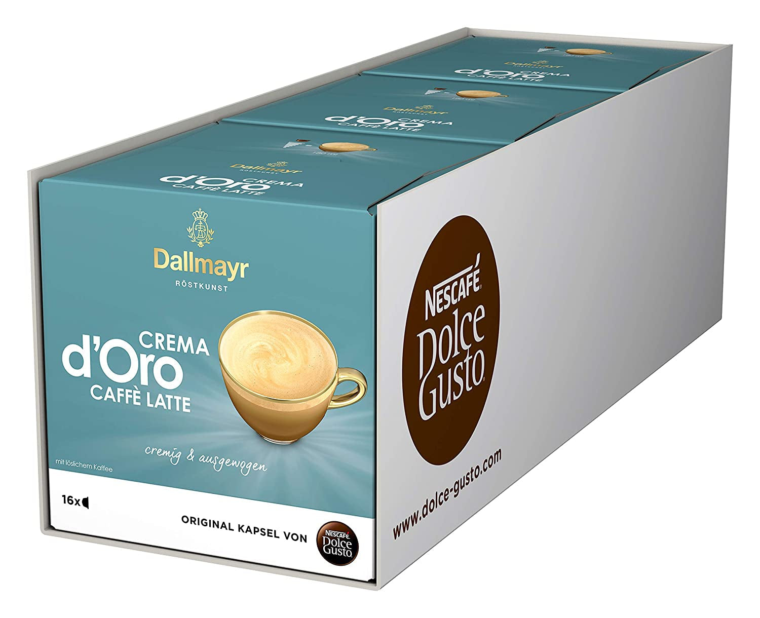 Dallmayr Crema d'Oro, XXL-Vorratsbox (3 x 30 Kapseln) y Dallmayr Crema d'Oro Caffè Latte (48 Kaffeekapseln, 48 Getränke, cremig & ausgefungen) Paquete de 3 (3 x 16 Kapseln)