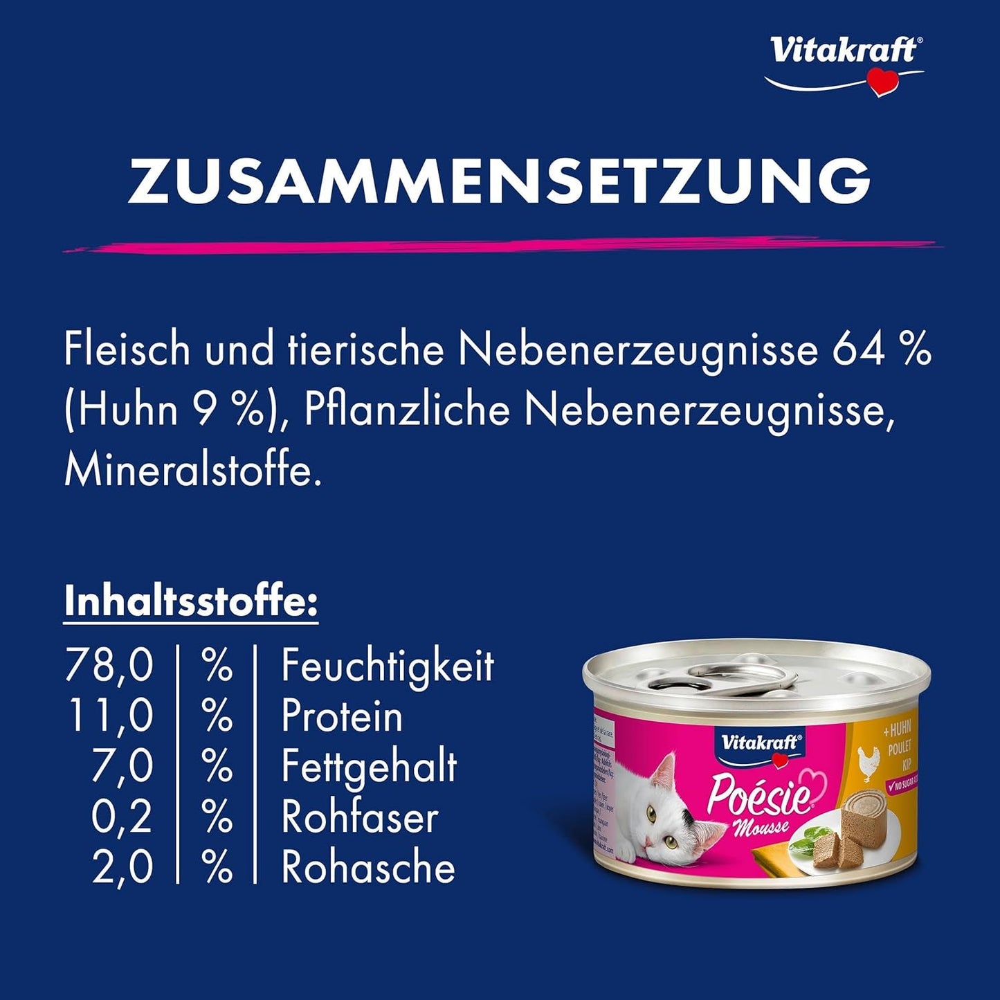 Vitakraft Poésie Mousse, comida húmeda para gatos, espuma aireada, con pollo, sin azúcares ni cereales añadidos (12 x 85g)