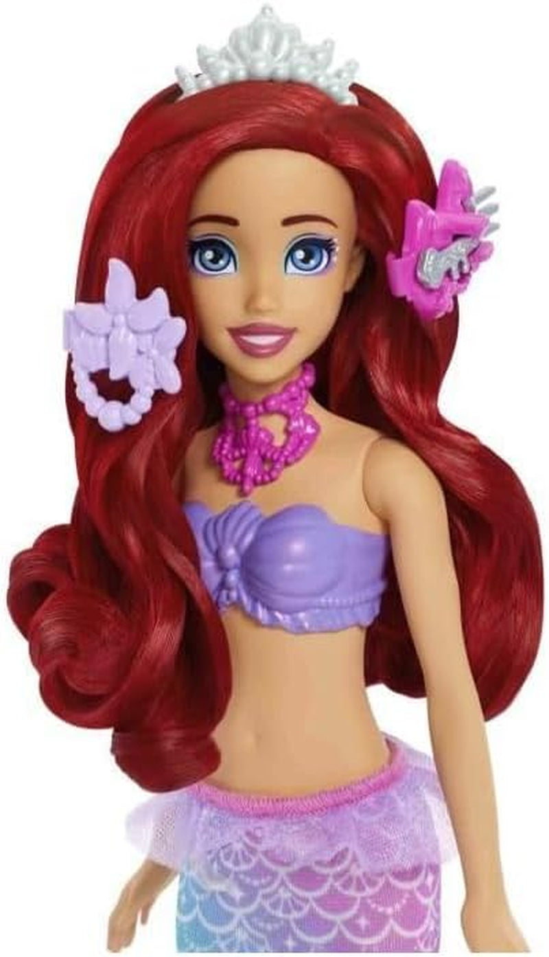 Mattel Disney Princess Toys, Muñeca de Moda Sirena Arielle con Concha de Maquillaje con Cola Desmontable, Mesa de Maquillaje con 5 Sorpresas Pop-Up Repetibles y 5 Accesorios, JBF86 Naty Shop Dolls