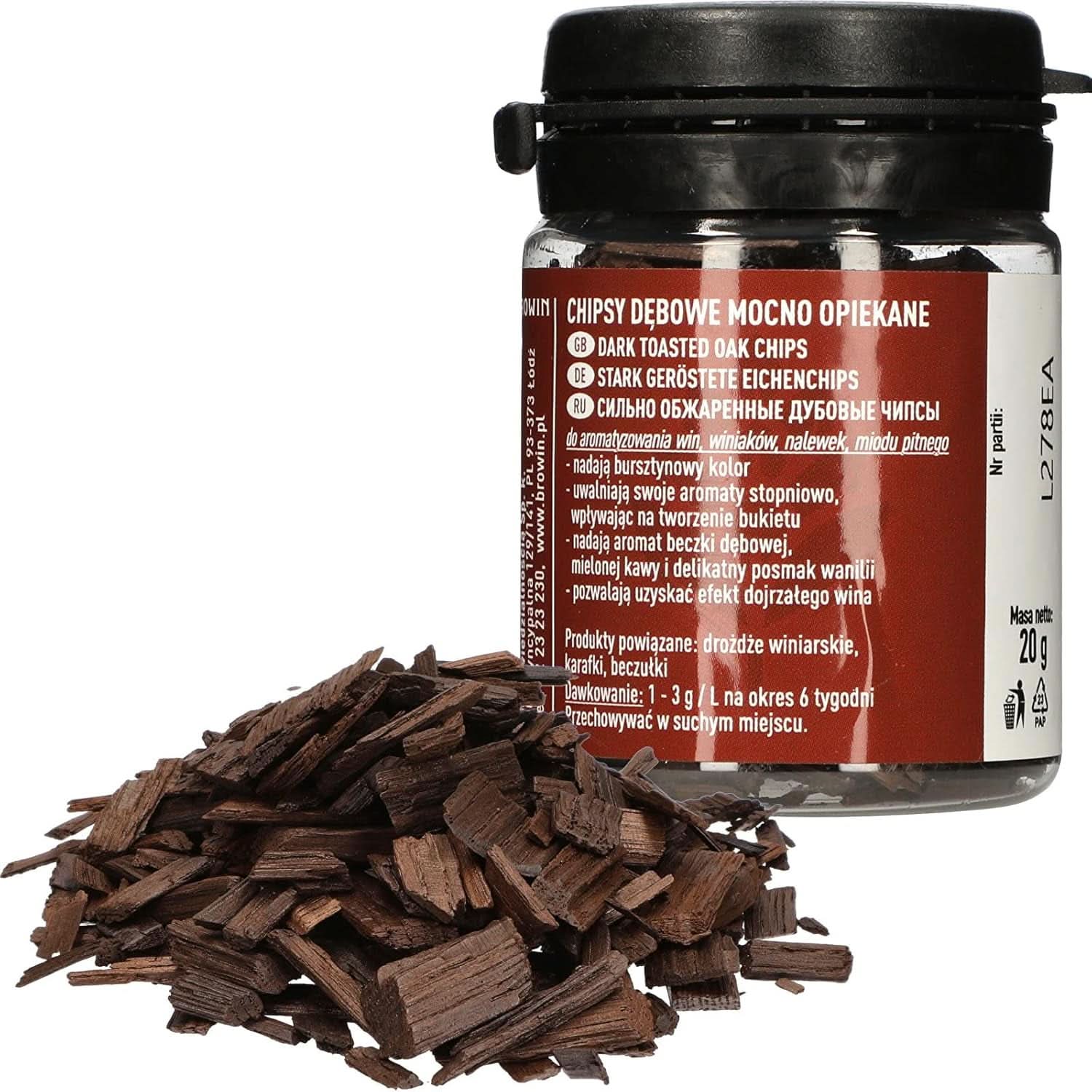 Browin Strong Roasted Oak Chips 20g - hojuelas, finas barritas de roble para aromatizar el alcohol, marrón Aromas Naty Shop