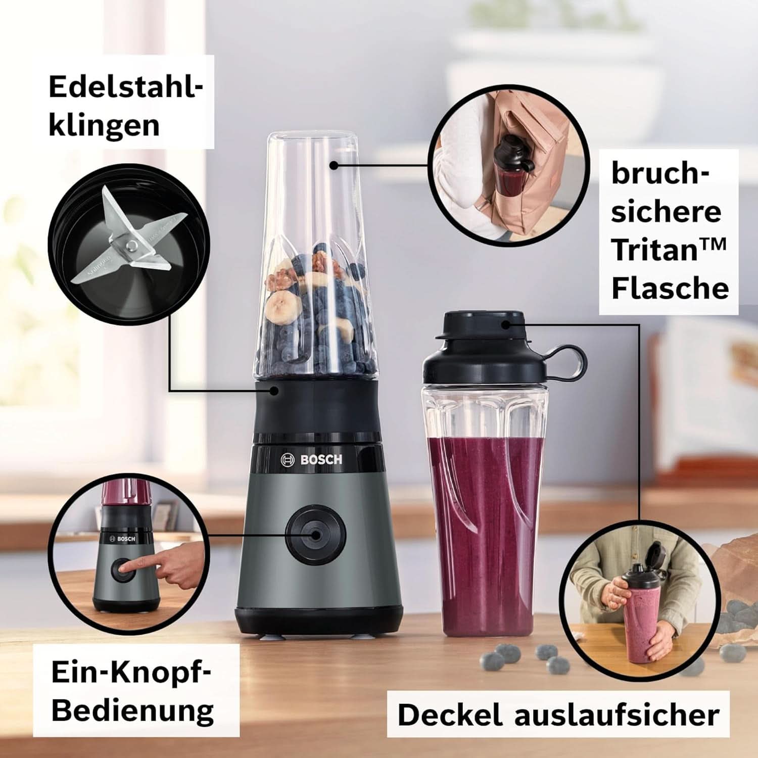 Bosch Minibatidora con base Vitapower Serie 2 MMB2111S, Batidora de alta velocidad, Bis Zu 40.000 rpm, Tritan Togo-Flasche 0,6 L, Trinkdeckel, Bruchsicher, Spülmasch.Geeignete Teile, 450W, Plata/Negro Cocina Naty Shop