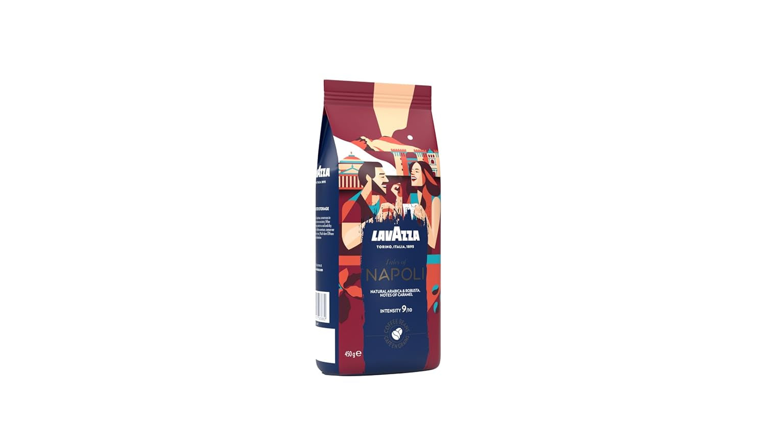 Lavazza, Tales of Napoli, café en grano, ideal para máquinas de espresso, con notas aromáticas de cacao y caramelo, Arábica y Robusta, intensidad 9/10, tueste intenso, 450 g