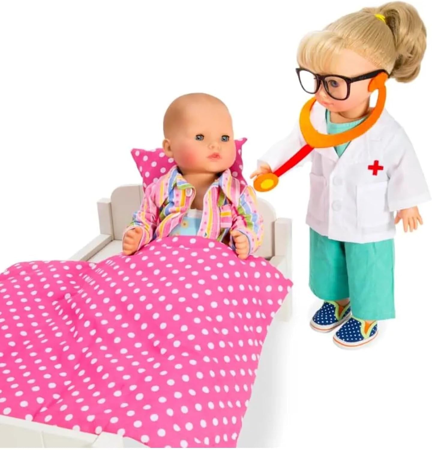 Heless 1653 - Conjunto de Ropa para Muñecas, Traje de Médico de 4 Piezas con Pantalón, Camisa, Bata de Médico y Estetoscopio, Talla 28 - 35cm