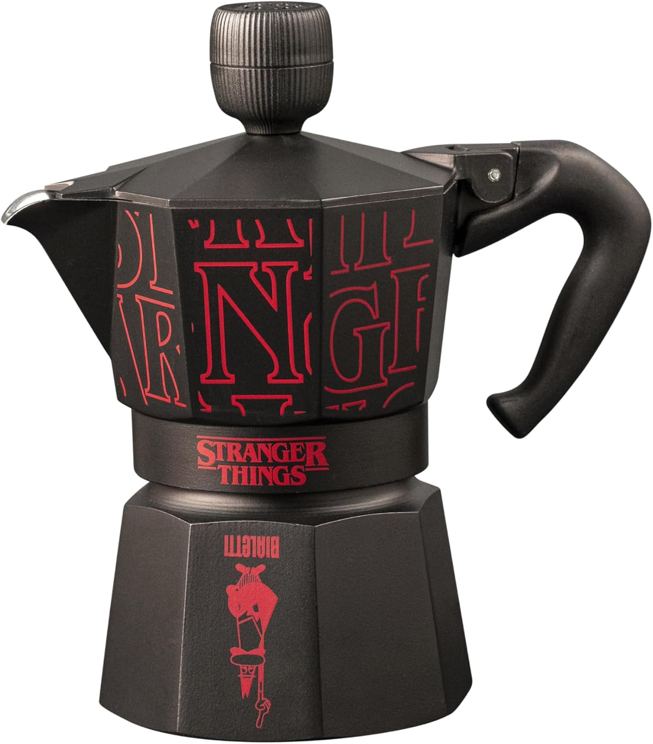 Bialetti Moka Express Stranger Things Cafetera de 3 tazas, Botón de música con función de carga USB-C, No apta para placas de inducción, 3 tazas (130 ml), Negra
