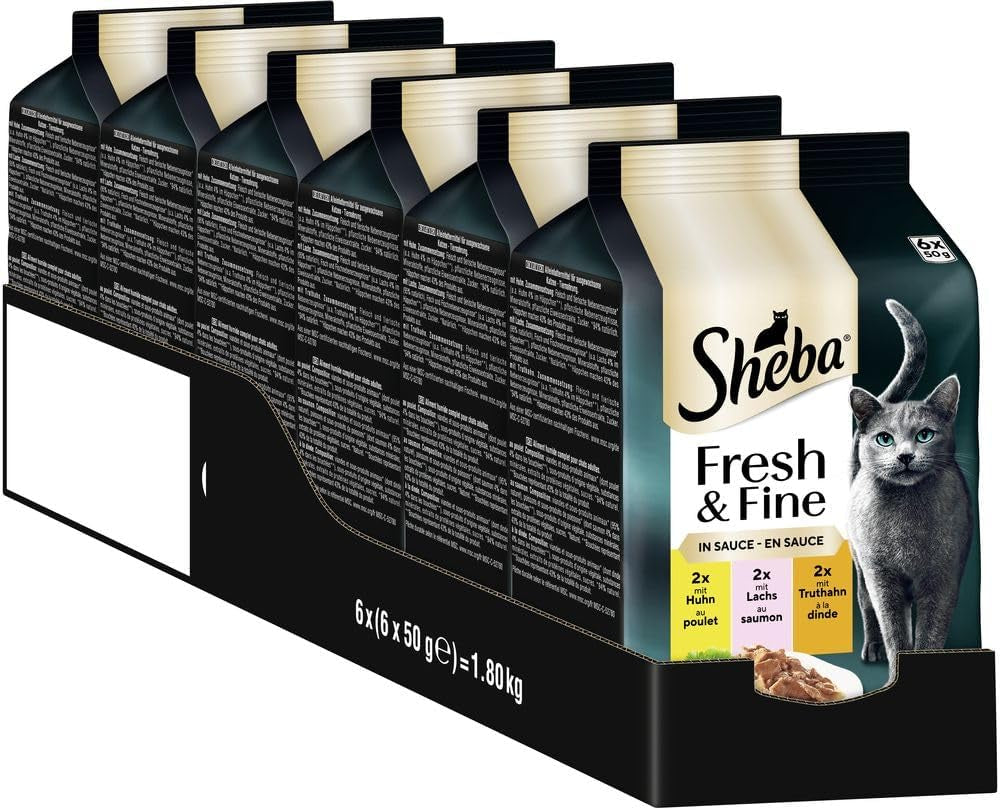 Sheba Portion Bolsas Comida húmeda para gatos, multipack Fresh & Fine en salsa con pollo y salmón MSC, 6x6x50g - Comidas finas para gatos en salsa