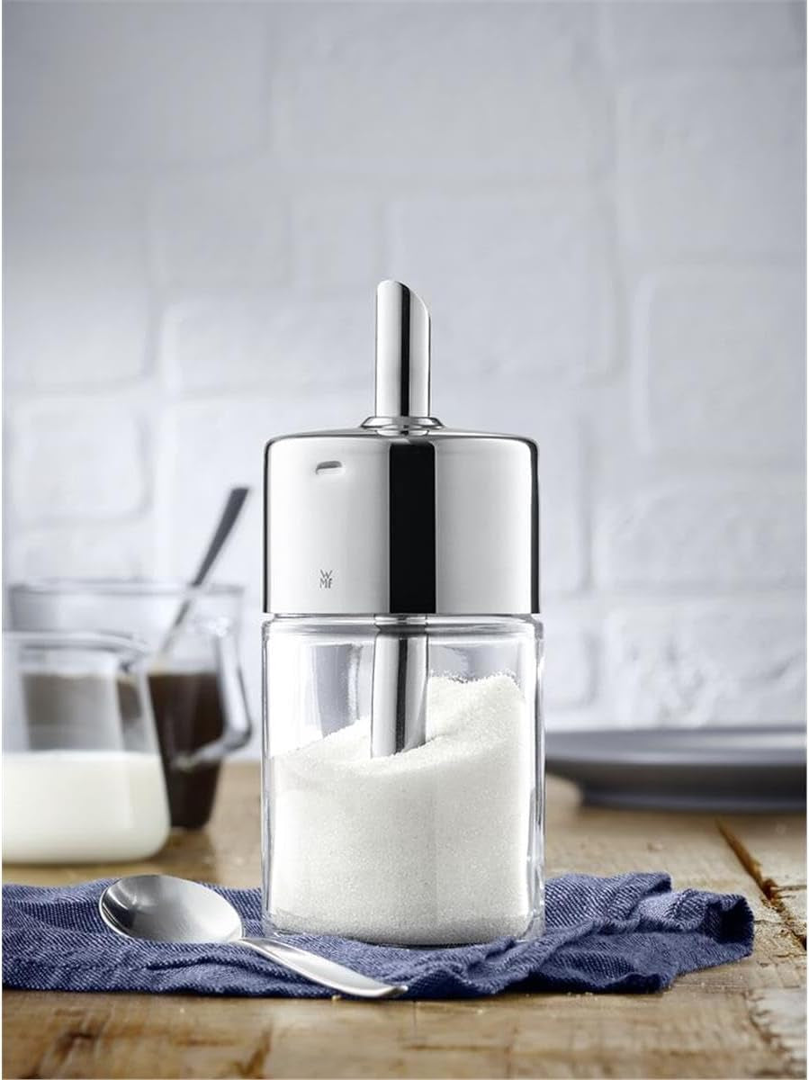 WMF Barista Azucarero 240 g, Vidrio, Dispensador de Azúcar, Acero Inoxidable Cromargan Pulido, Ideal para Azúcar Blanco/Moreno, Cacao o como Especiador