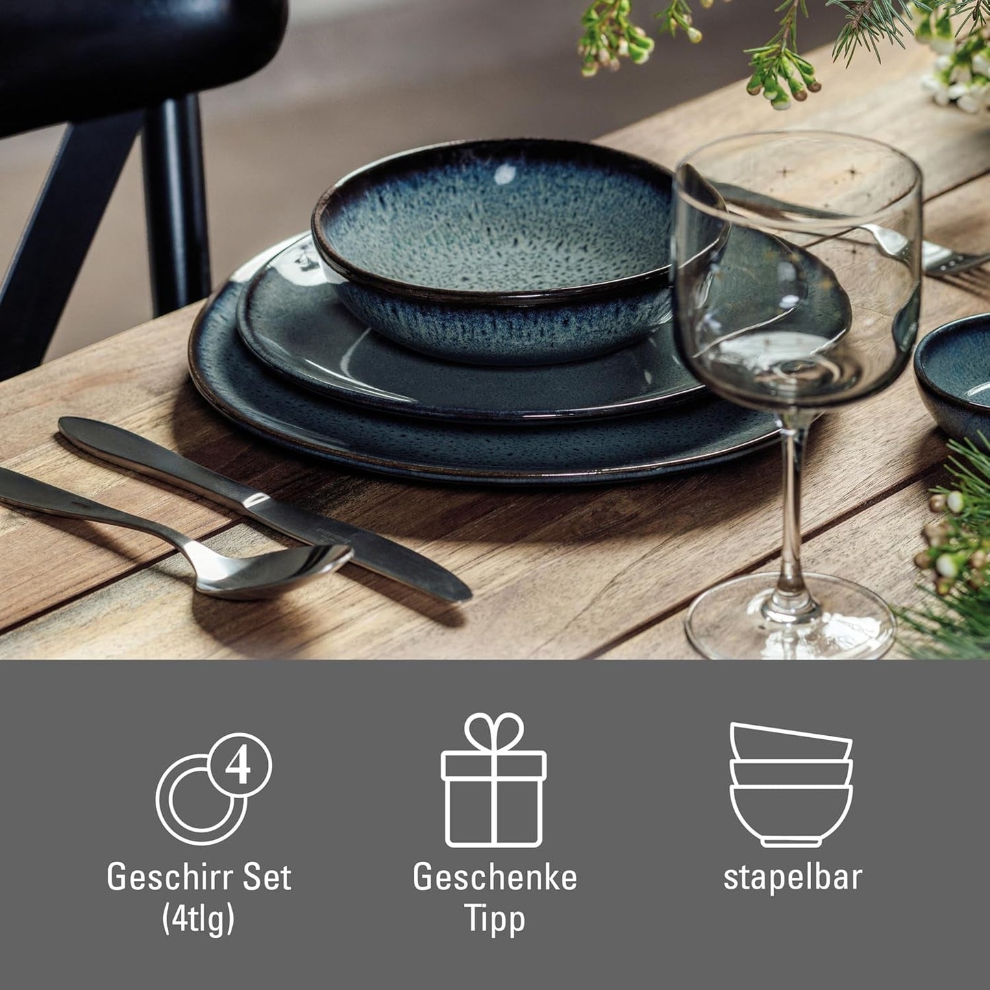 como. de Villeroy & Boch - Vajilla Lave Gris de gres, 4 piezas, aspecto cerámica, servicio de mesa para 2 personas, gris