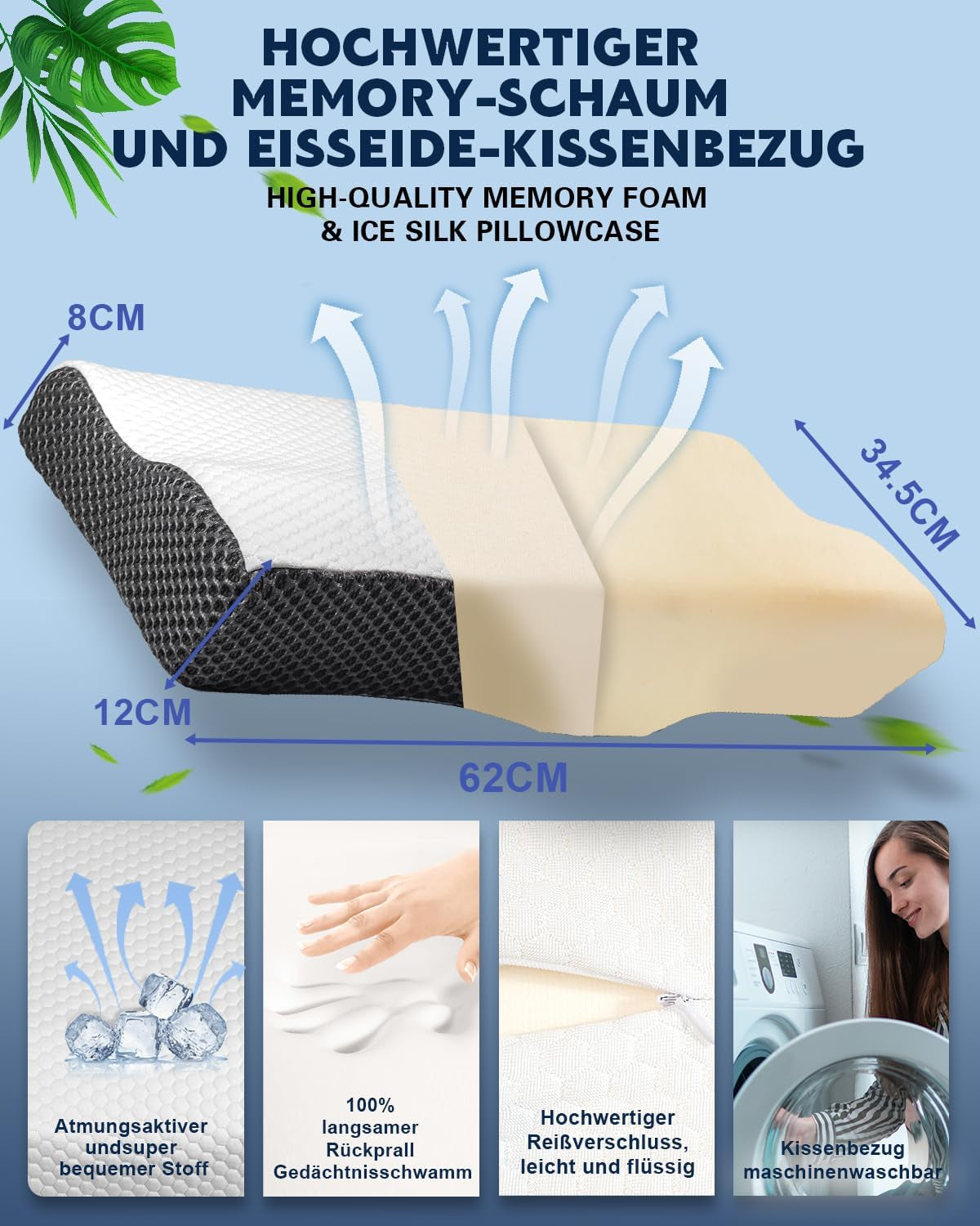 IDEA Almohada, Almohada Ortopédica Ergonómica para Dolor de Cuello, Almohada Viscoelástica para Dormir de Lado, Espalda y Abdominal, Almohada Antironquidos para Hombres Mujeres (62*34.5*12/8CM) Almohadas Ortopédicas Cervicales Naty Shop