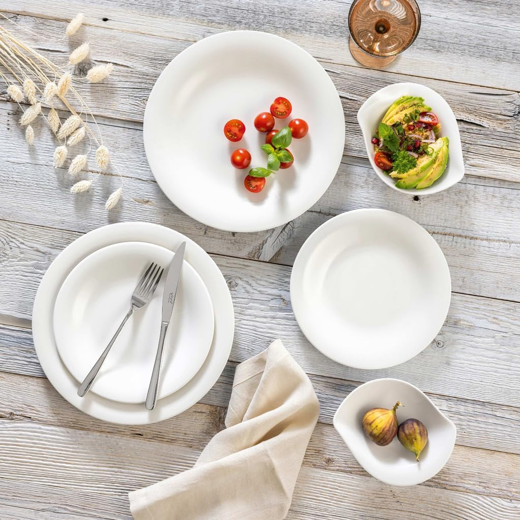vivo - Grupo Villeroy & Boch – Vajilla Essential Blanco 18 tlg. Weiß, Spülmaschinenfest, Mikrowellensicher, Geschirr Set für 6 Personen, Müslischalen, Speiseteller, Dessertteller, Premium Porzellan