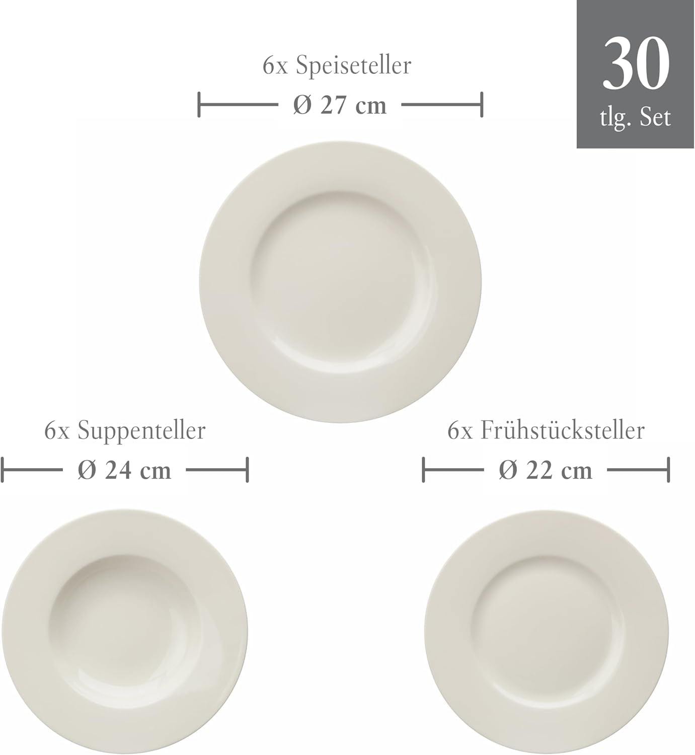 vivo - Villeroy & Boch Group - Vajilla Basic Blanco 30 piezas, apta para lavavajillas y microondas, Vajilla blanca, Juego de café, Cerámica, Platos, Tazas, Porcelana premium