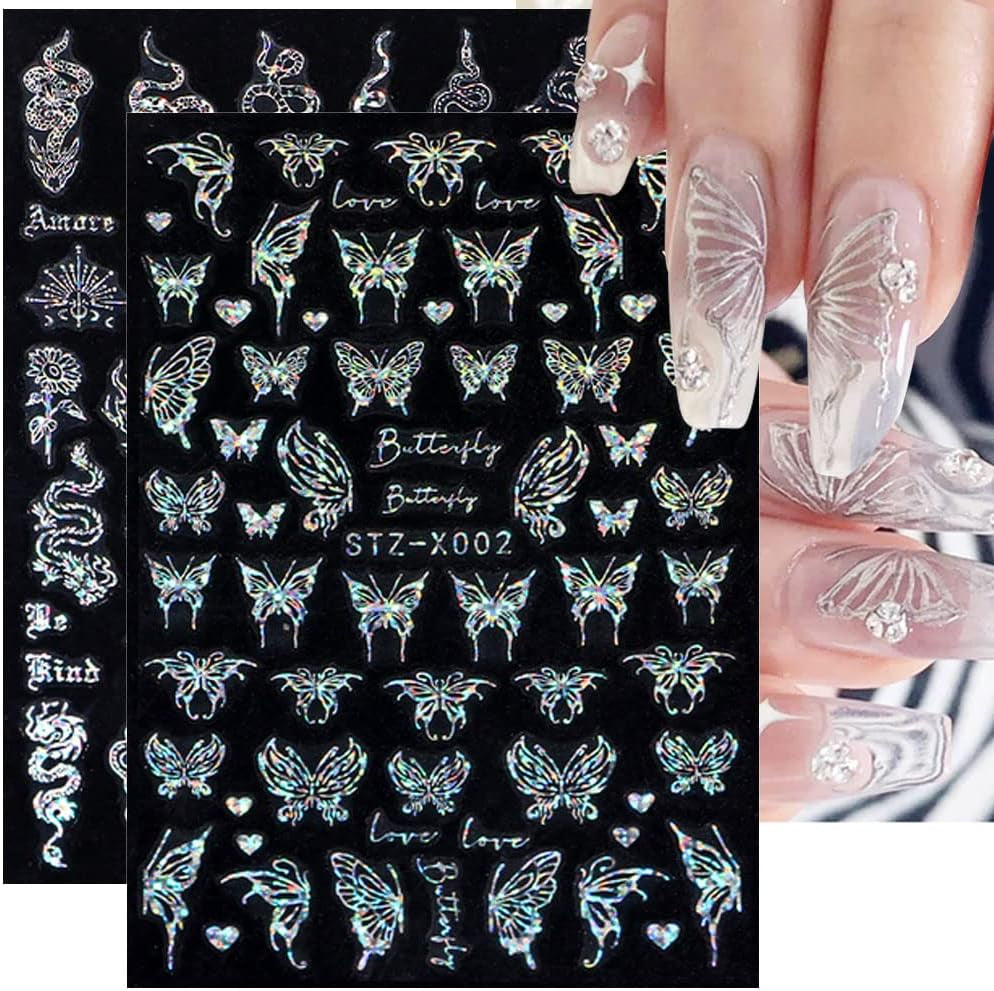 6 Blatt Schmetterling Nagelsticker Selbstklebend Laser Silber Schmetterlings Nagelaufkleber 3D Aurora Silber Schwarz Schmetterlinge Nagel Pegatinas Frühling Nageldesign Nail Sticker Nail Art Zubehör