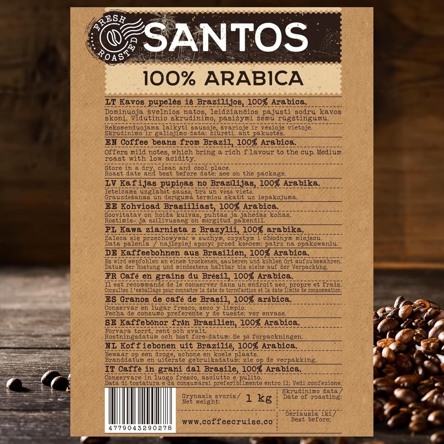 COFFEE CRUISE Santos Kaffeebohnen 1kg - Mittlere Röstung - Aroma Caramel - Für All Kaffeemaschinen - 100% Árabe