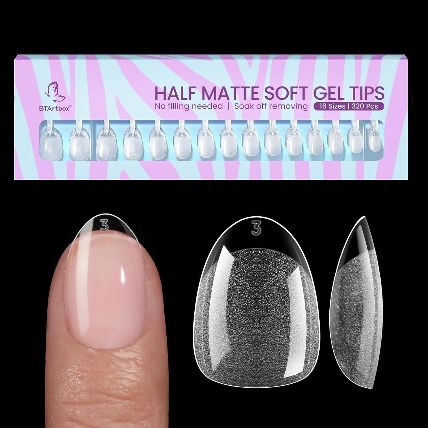 Btartbox Puntas de uñas extra cortas de almendra - Gel de cobertura completa X Puntas de uñas de gel suave XS - Semimate preformado para salón de uñas anchas 320 piezas