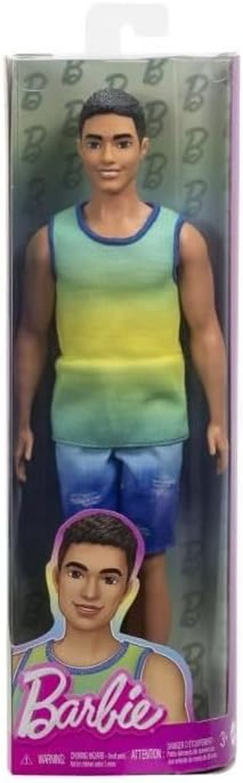Muñeca Ken Barbie Fashionistas núm. 236 con cabello negro, camiseta sin mangas verde azulado ombré, shorts de mezclilla y zapatillas plateadas, HYV00