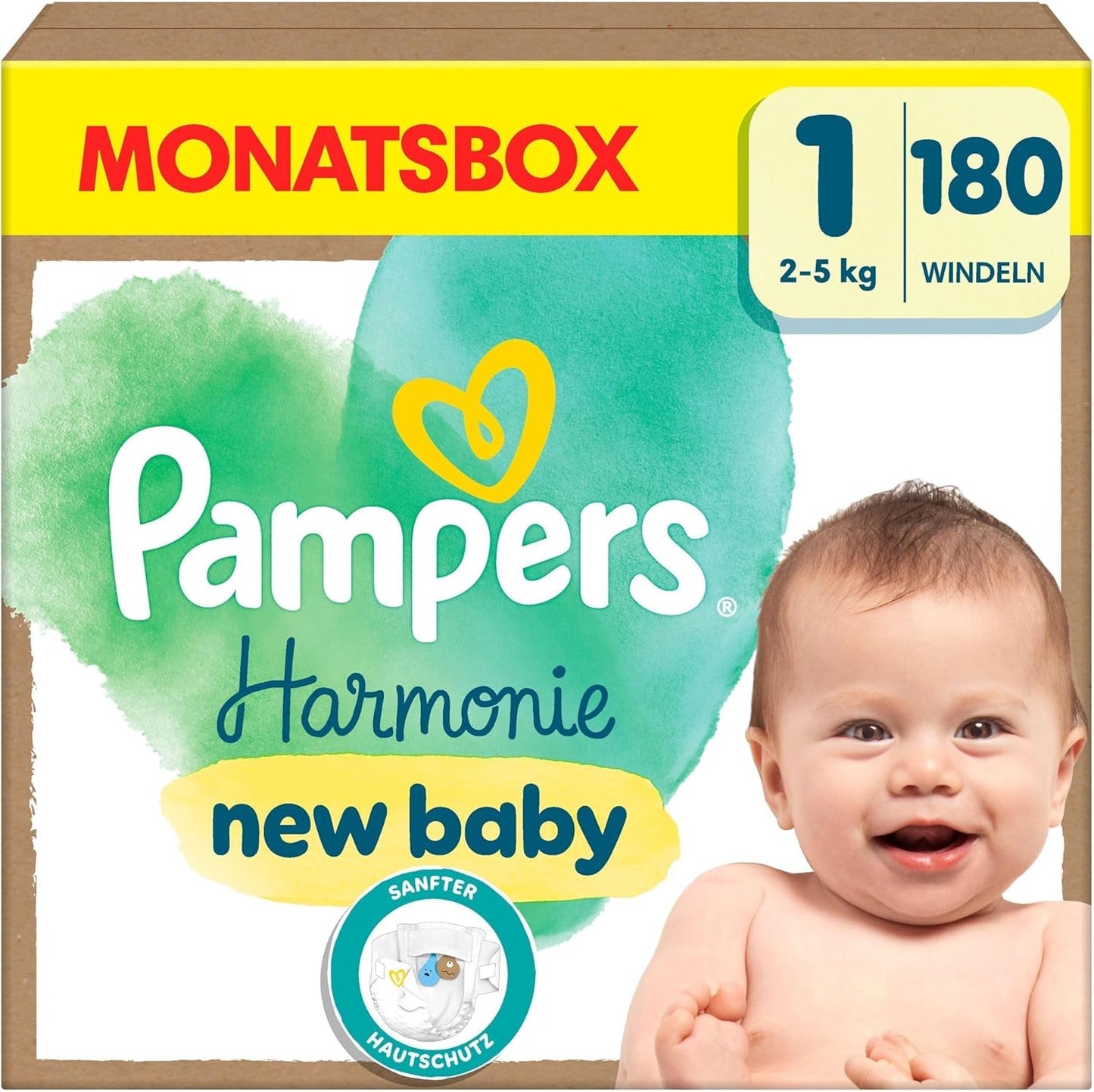 Pañales Pampers Harmony talla 1, 180 pañales, 2kg-5kg, protección suave para la piel con protección 100% Pampers
