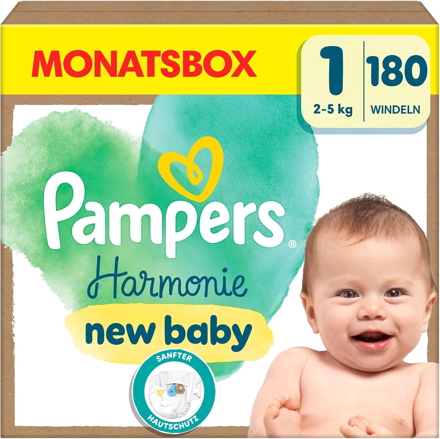 Pañales Pampers Harmony talla 1, 180 pañales, 2kg-5kg, protección suave para la piel con protección 100% Pampers