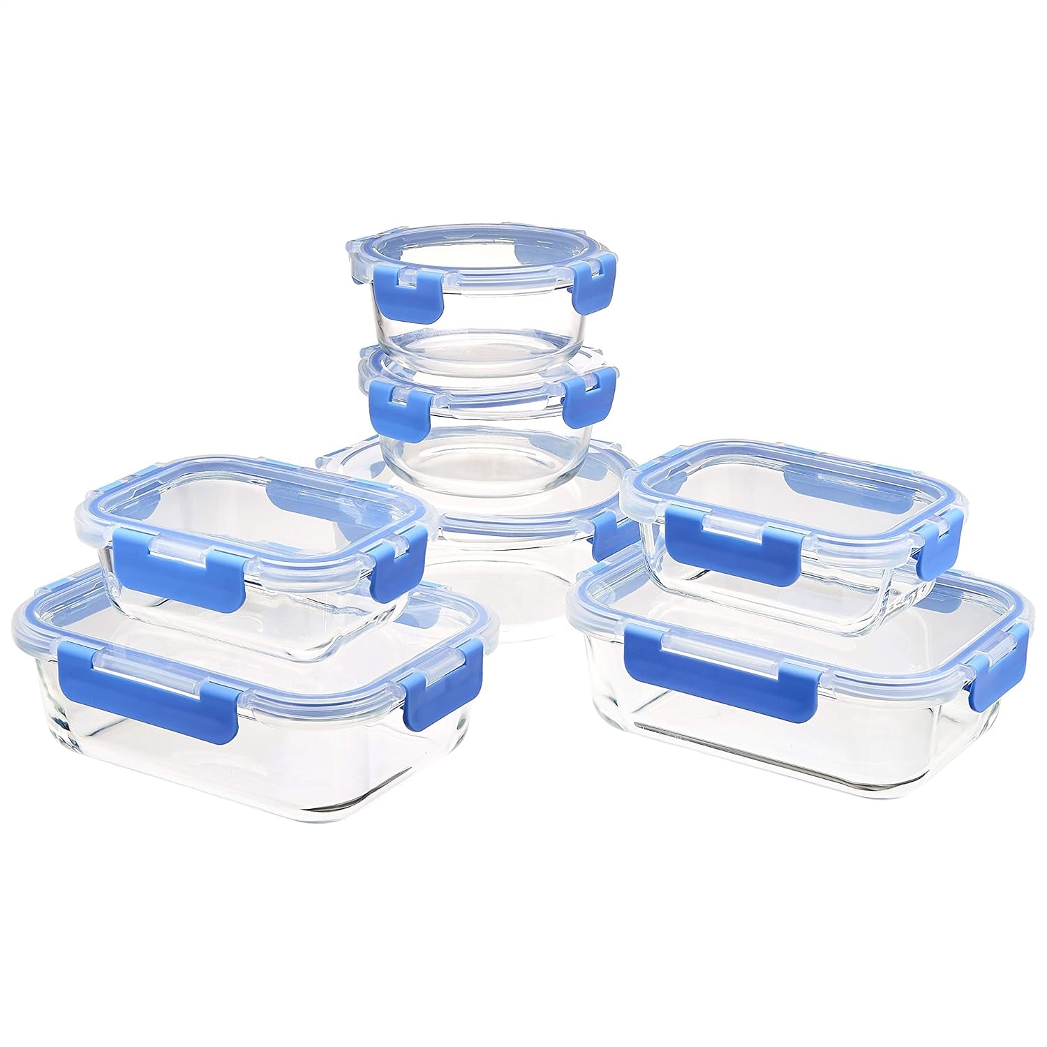 Amazon Basics Juego de 14 recipientes para alimentos con tapas herméticas de vidrio, sin BPA, 7 recipientes y 7 tapas, transparente con cinta de silicona azul Naty Shop Cajas para almacenar alimentos, juego de 14 piezas