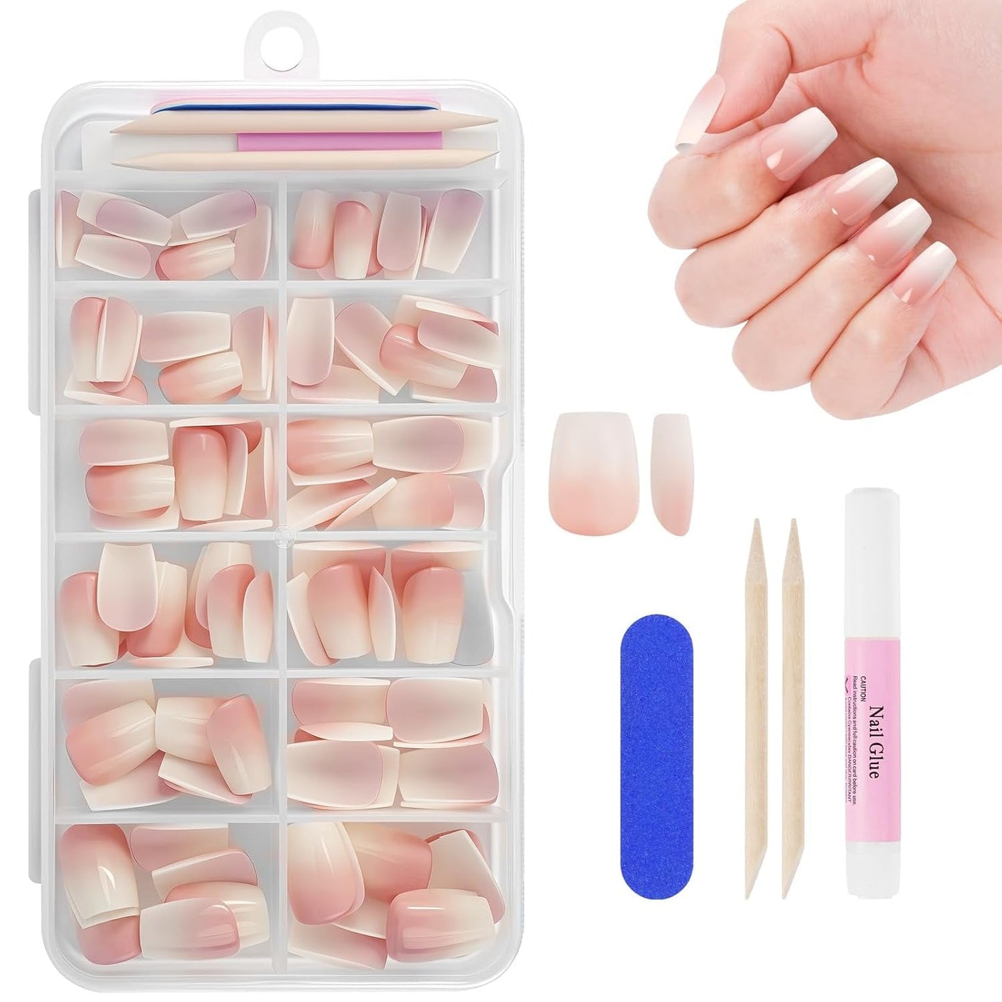 Juego de 240 puntas de uñas postizas, prensa francesa en uñas postizas, prensa en uñas francesas, 12 tamaños, uñas postizas con pegamento para mujeres y hombres (blanco desnudo, almendra mediana)