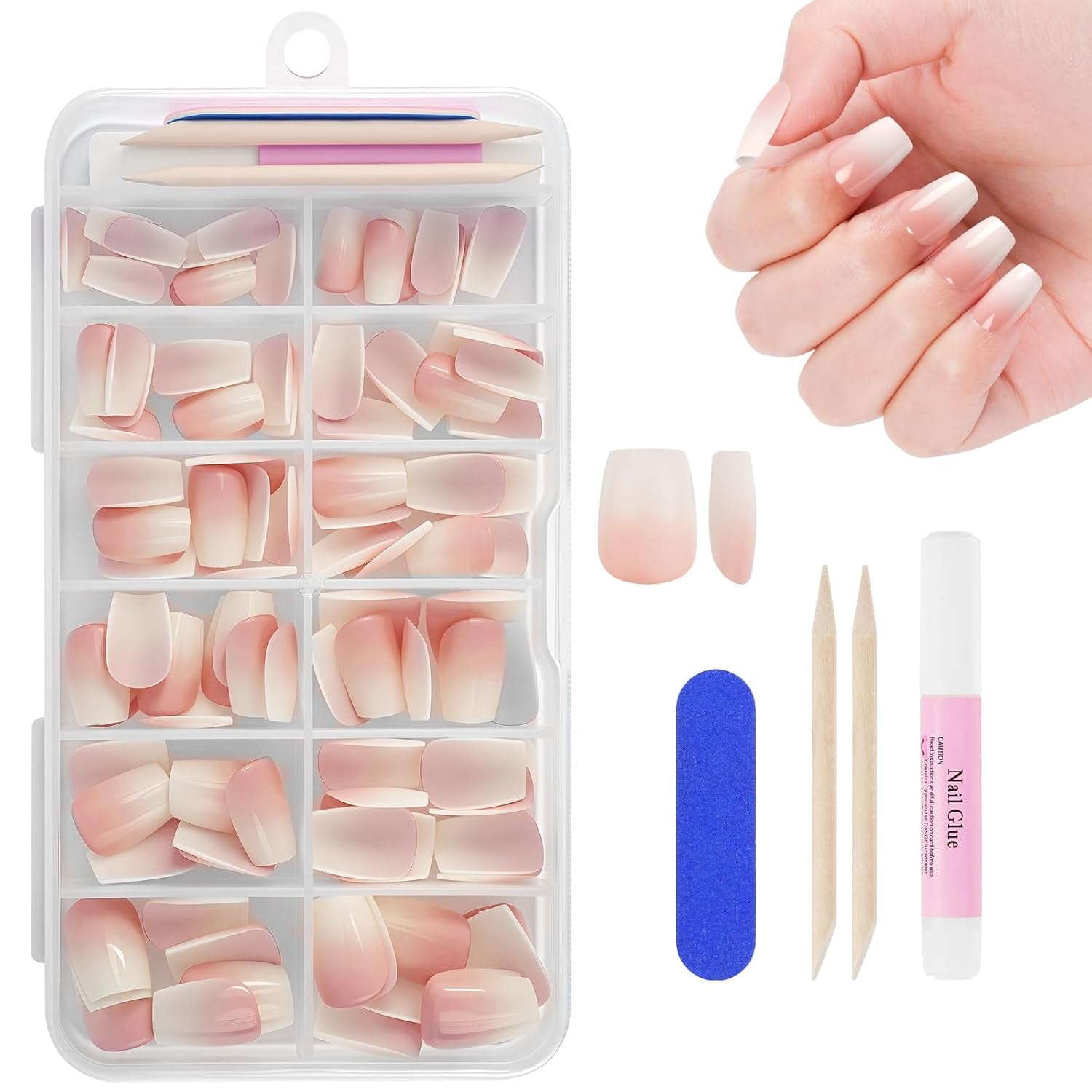 Juego de 240 puntas de uñas postizas, prensa francesa en uñas postizas, prensa en uñas francesas, 12 tamaños, uñas postizas con pegamento para mujeres y hombres (blanco desnudo, almendra mediana)