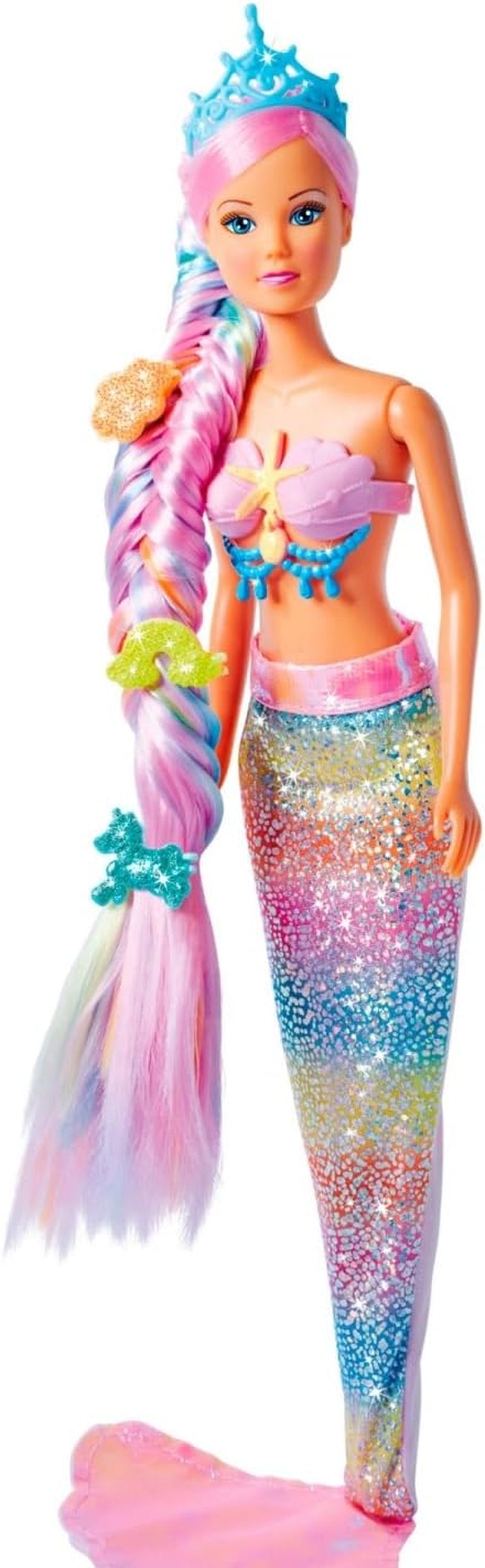 Simba 105733610 - Steffi Love Rainbow Mermaid, muñeca disfrazada de sirena arcoíris con pelo de colores, pinzas para el pelo, peine y aleta desmontable, muñeca de juego 29cm, a partir de 3 años Muñecas Naty Shop