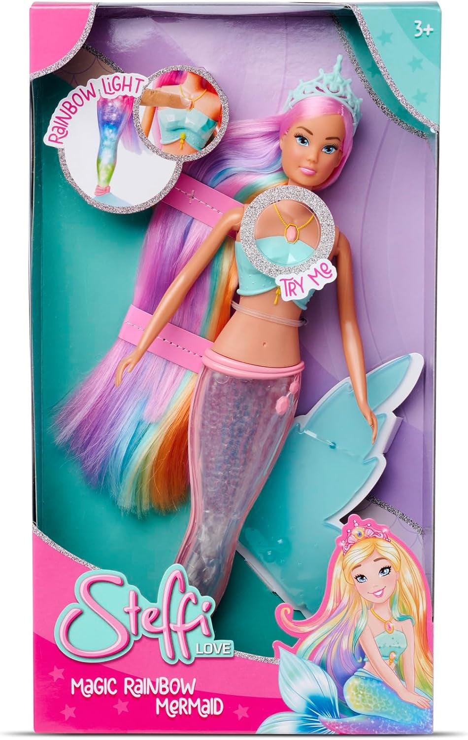 Steffi Love Magic Rainbow Mermaid, Muñeca Sirena con Función de Luz Mágica Arco Iris y Pelo Extra Largo, 39 cm, Edad 3+