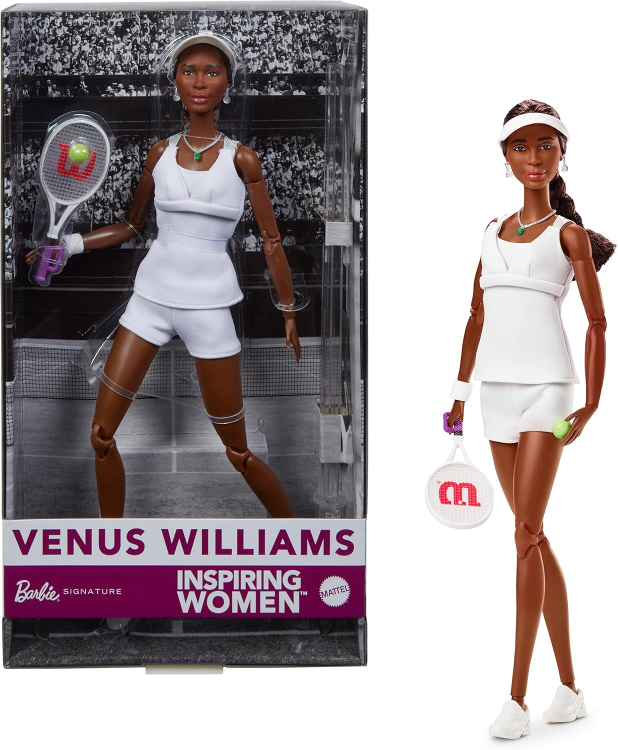 Muñeca de moda Barbie Inspiring Women Series Venus Williams con uniforme firmado y raqueta de tenis, incluida caja de presentación HRM49