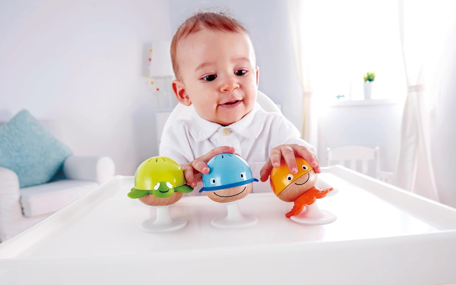 Set sonajero con ventosa Hape | Tres animales con elementos de mordedor, tortuga, pulpo y ballena | Juguete educativo desde 0 meses Bebe Toys Naty Shop
