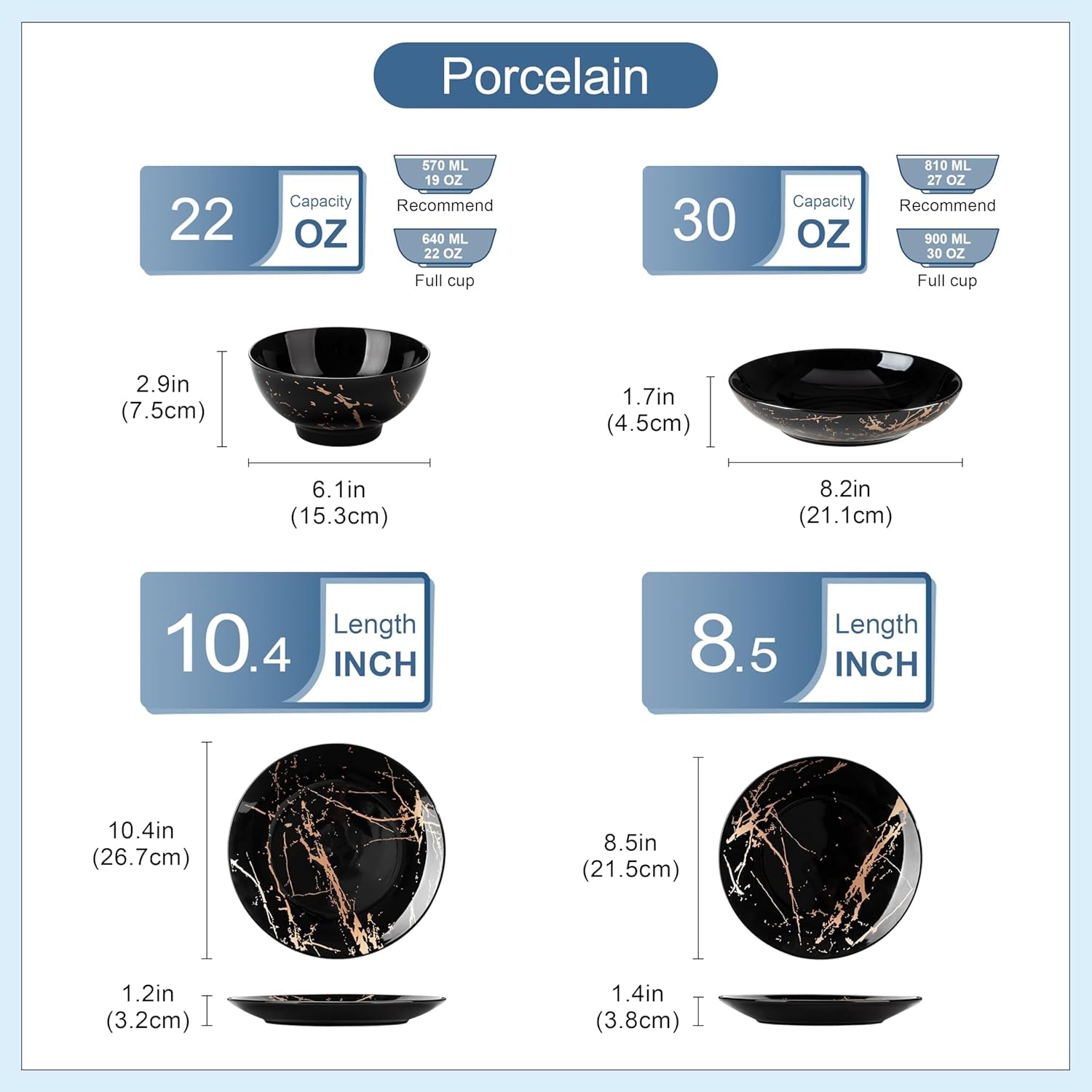 LOVECASA Daphne Series Juego de vajilla de porcelana SWEET Juego combinado de 24 piezas Platos llanos de diseño dorado Platos de postre Cuencos de cereales y platos llanos para 6