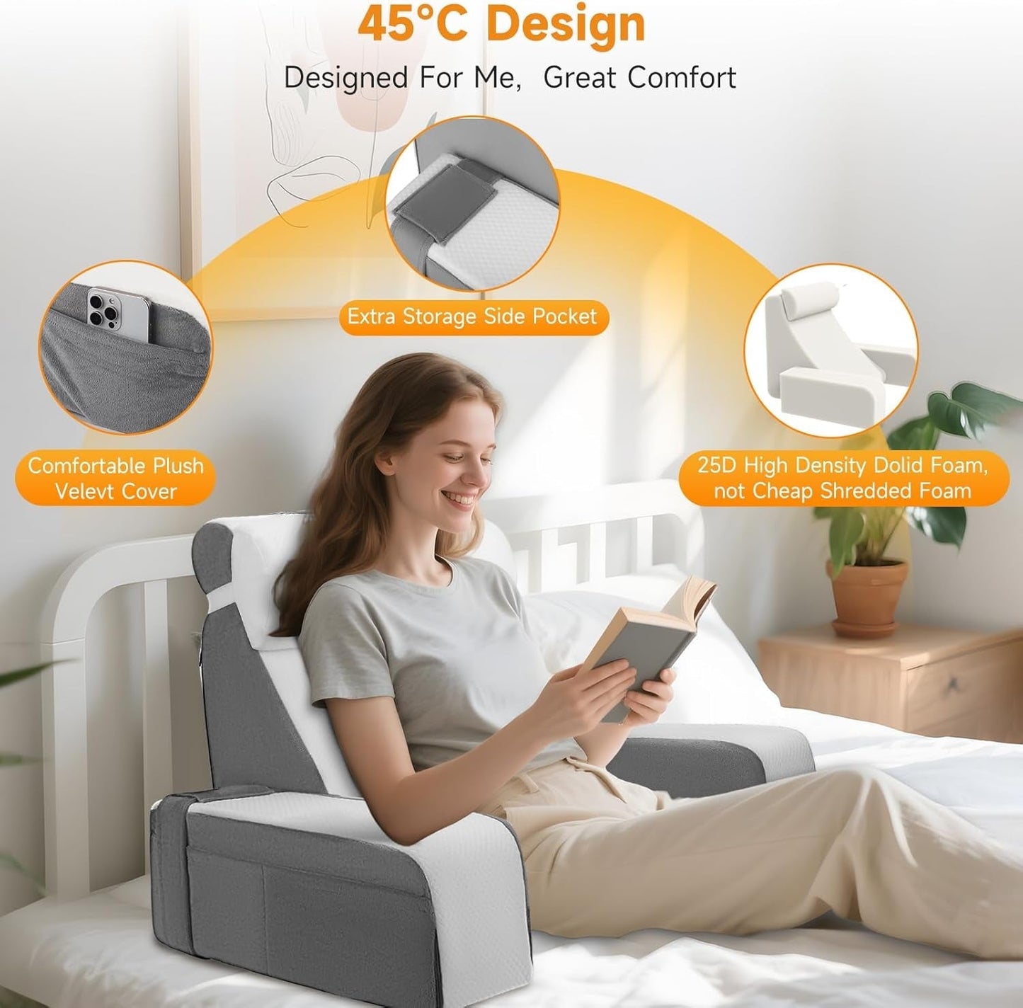 Almohada de lectura grande con soporte para el cuello y reposabrazos extraíbles, almohada de respaldo para cama, almohada de respaldo ergonómica con brazo, bolsillo y funda lavable para leer y ver televisión.