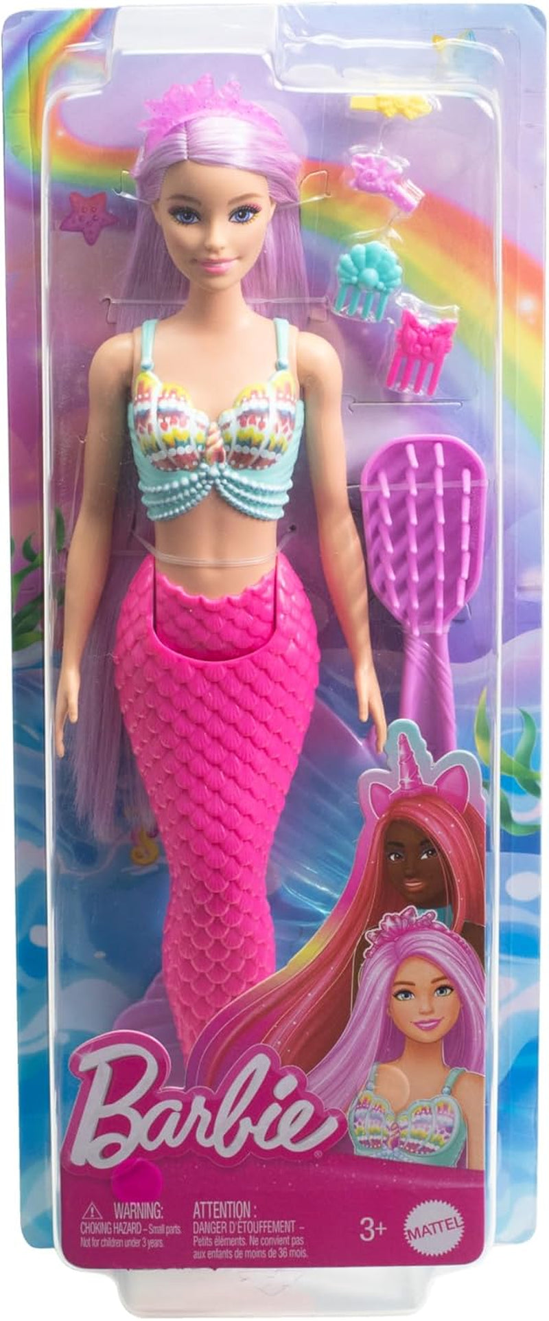 Muñeca Barbie Sirena: con pelo largo rosa y accesorios de peinado personalizados, que incluyen cepillo, bonita concha y aletas rosas, para edades de 3 años en adelante, HRR00 Naty Shop Dolls