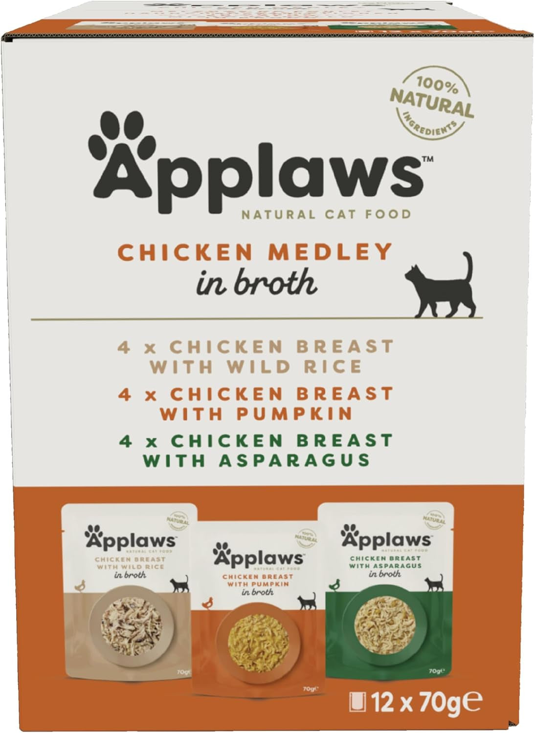 Applaws Premium Comida Húmeda Natural para Gatos, Selección de Pollo en Sopa 70g Sobres Porcionados (12x70g)