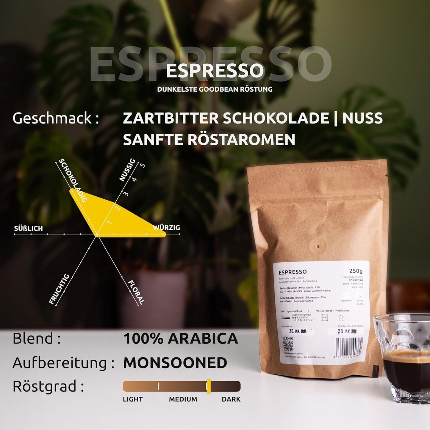 EXPRESO | Café en grano 500g - 100% Arábica | Recién tostado para hacer espresso | Granos de café enteros | Sabor clásico del café