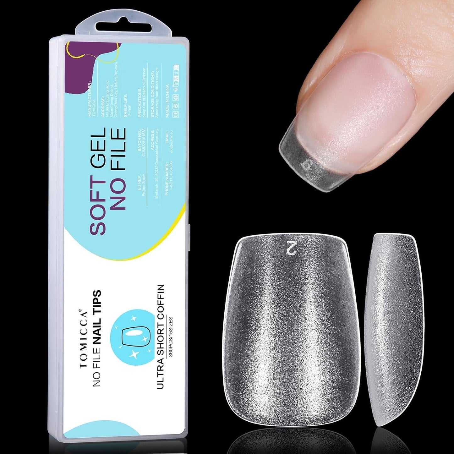 TOMICCA Puntas de Ataúd Puntas de Uñas Ultra Cortas - Puntas de Uñas, Puntas de Gel Suave, Cobertura Completa, Puntas de Uñas Artificiales Mate Preformadas, Puntas de Uñas de Gel - 360 Piezas, 15 Tamaños