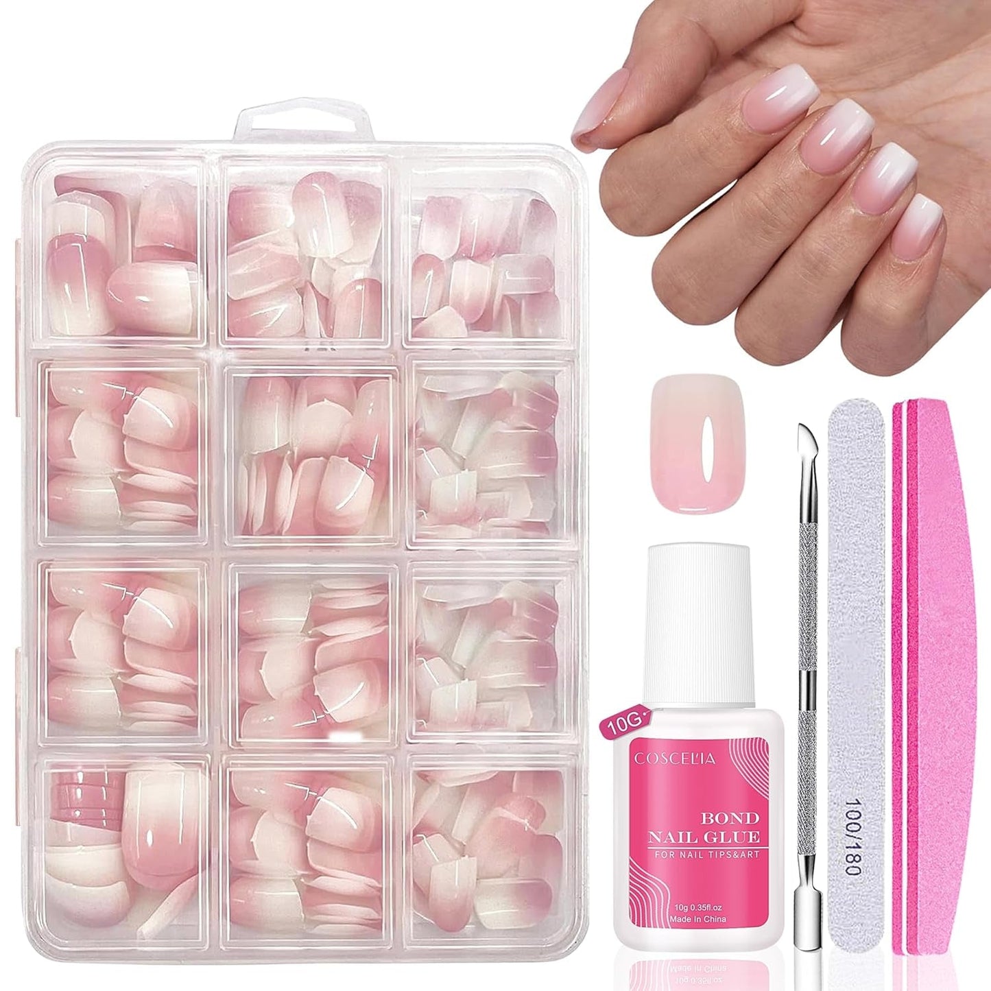 Juego de Uñas Postizas - 240 Piezas Uñas Postizas Francesas Pegamento - Diseño Degradado Blanco Rosa Uñas Artificiales Cubierta Completa Gel Suave Natural y Cómodo de Usar (Almendra Rosa)