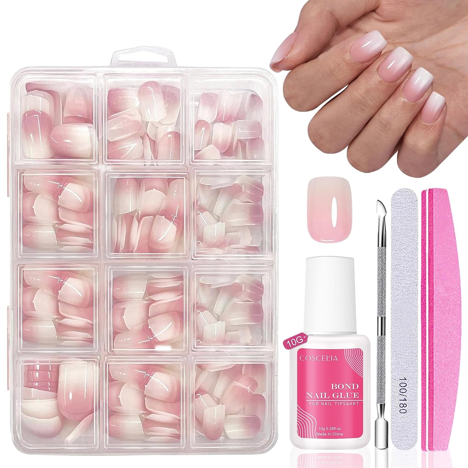 Juego de Uñas Postizas - 240 Piezas Uñas Postizas Francesas Pegamento - Diseño Degradado Blanco Rosa Uñas Artificiales Cubierta Completa Gel Suave Natural y Cómodo de Usar (Almendra Rosa)