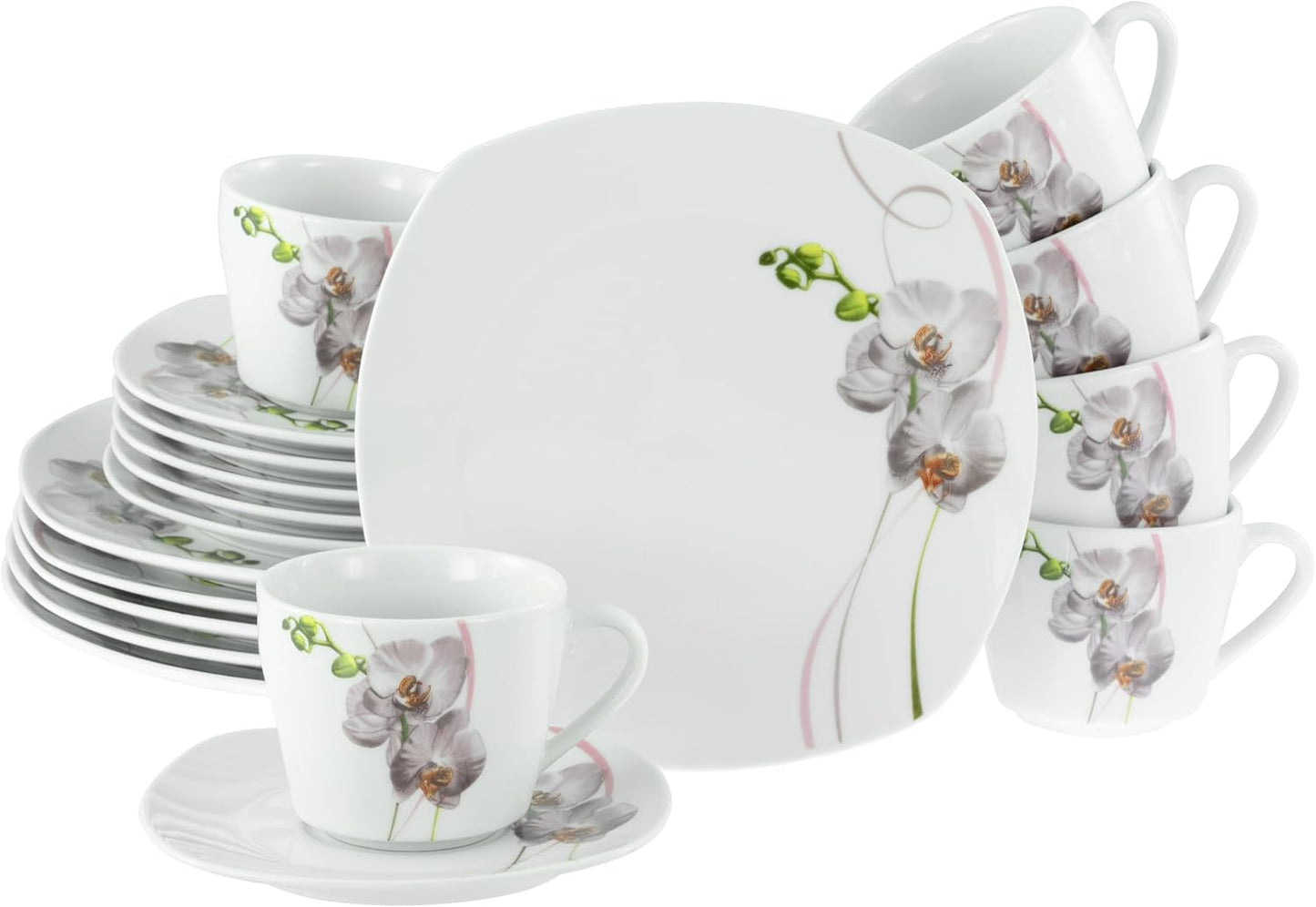 CreaTable, 24024, Serie Square Orchid, Vajilla de 18 piezas para 6 personas, Servicio de café de porcelana, Apto para lavavajillas y microondas, Fabricación de calidad