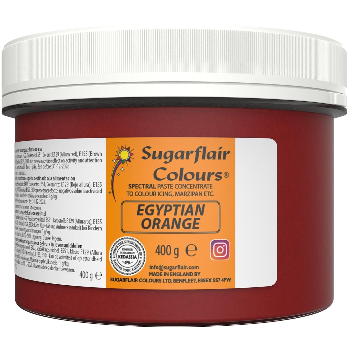Sugarflair Colorante alimentario para pasta, Naranja egipcia, Colorante alimentario para pasta, fondant y mazapán, Colores concentrados espectrales - 400 g