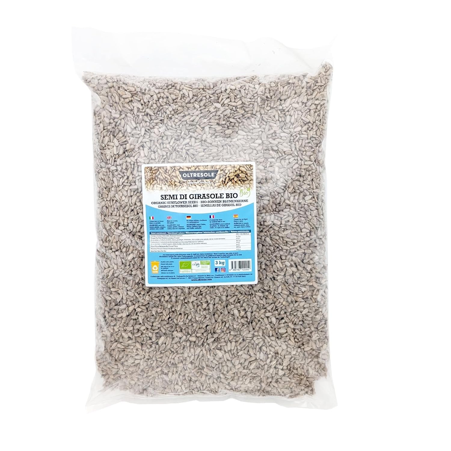 Pipas de Girasol Ecológicas 3kg, pipas de girasol ecológicas crudas, sin cáscara, sin tostar y sin sal, ricas en fibra y nutrientes, ideales como snack y para recetas