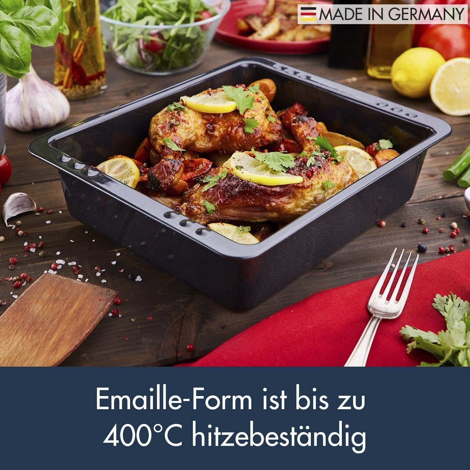 Chg SET 341-46-60 Extra Tiefe Ofenform (7.0 Cm) "Emaille" Mit Profi-Pfannenwender", Schwarz Gesprenkelt Moldes y bandejas para repostería Naty Shop