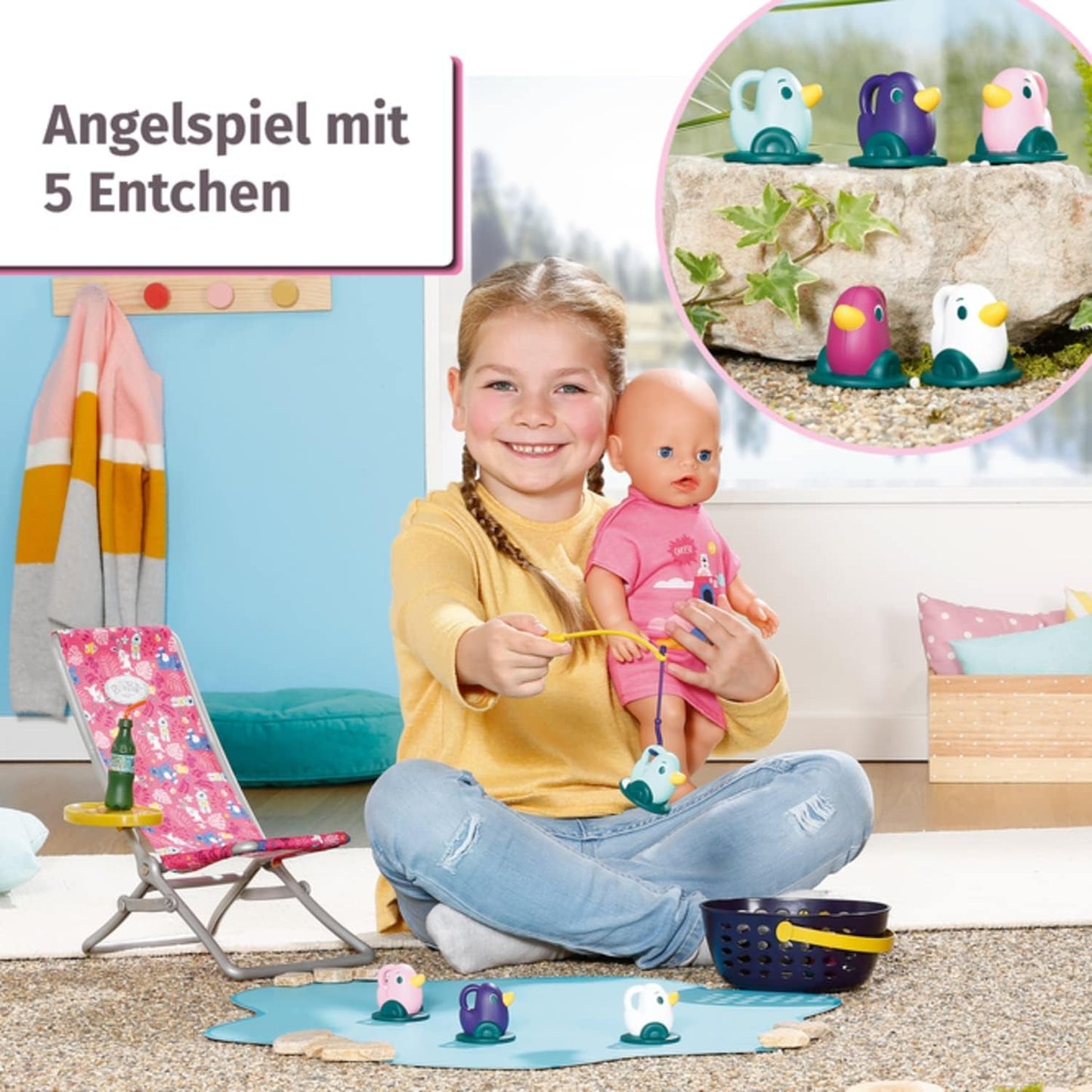 BABY born 832790 Weekend Fishing - Juego de accesorios para muñeca de pesca con tumbona, mesa auxiliar, vaso, cesta, patitos y caña de pescar y camiseta larga rosa, rosa