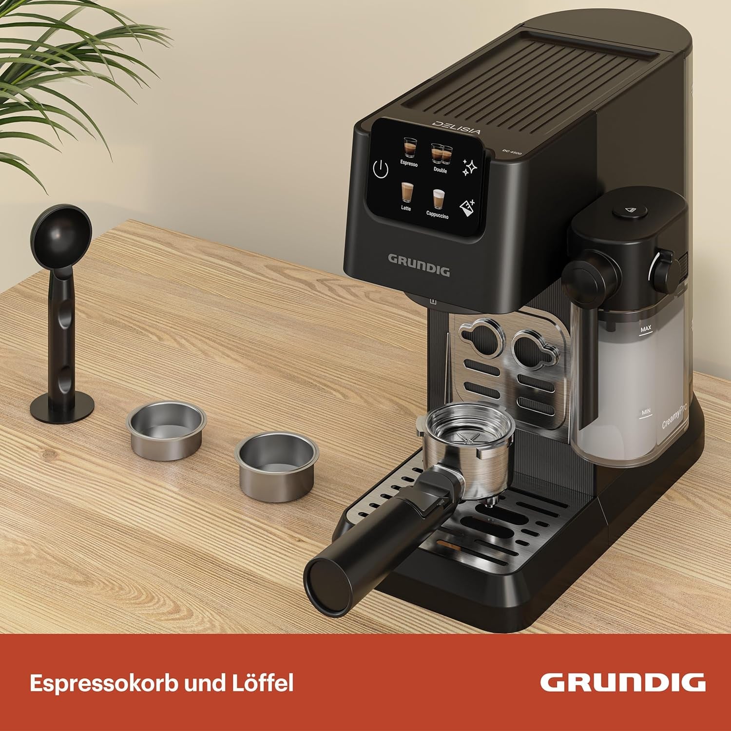 Cafetera espresso con portafiltro GRUNDIG KSM 5330 con depósito de leche integrado, potencia 1628 W, presión de bomba 15 bar, doble boquilla, pantalla táctil a color, BrewSense, CreamyPro, Acero inoxidable oscuro/Negro