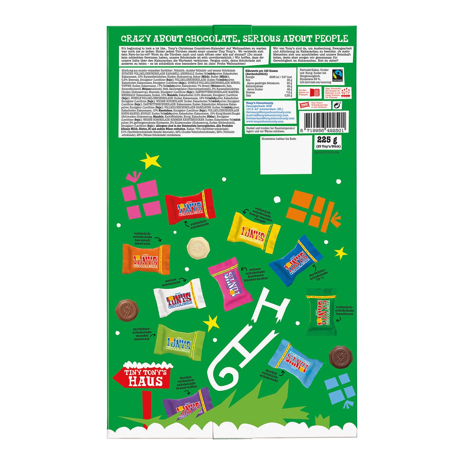 Calendario de Adviento de chocolate belga Fairtrade Tony's Chocolonely - 24 días, 10 deliciosas variedades
