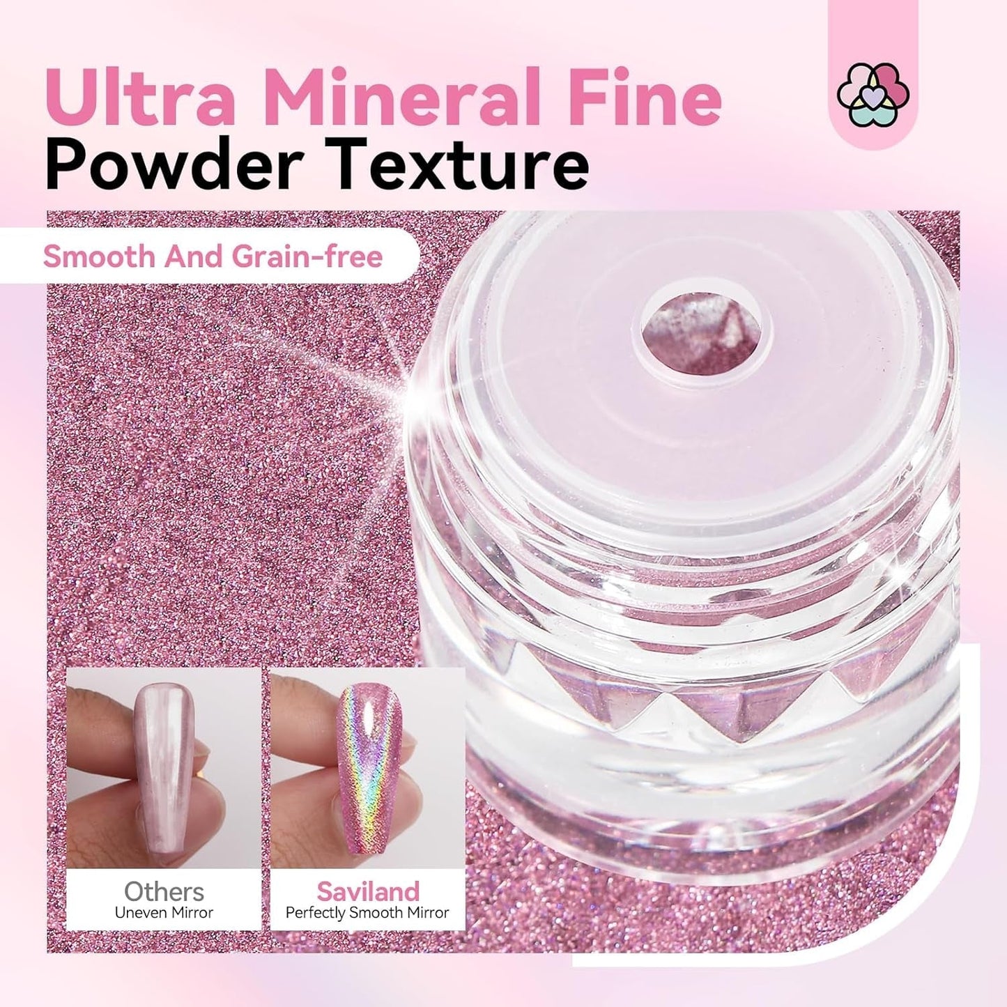 Saviland - Juego de polvos para uñas cromados, color rosa, efecto espejo, efecto espejo, decoración de uñas con purpurina para manicura con varillas de esponja, polvo con purpurina para salón de uñas